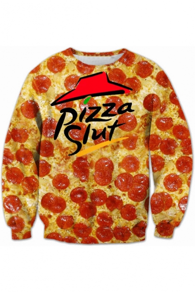 Fashion 3D Letter Pizza Print Round Neck Long Sleeve Pullover Sweatshirt