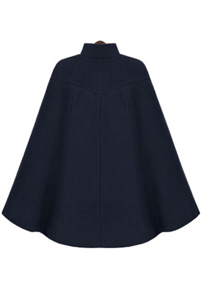 Fashion Beaded Embellished Stand -Up Collar Plain Pocket Tunic Poncho