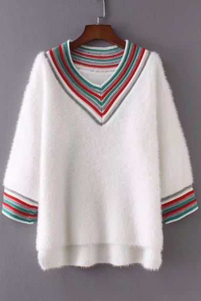 Fashion Color Block Striped V-Neck High Low Hem Pullover Sweater