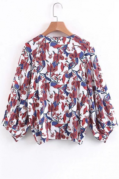 Floral Pattern V-Neck Long Sleeve Buttons Down Shirt