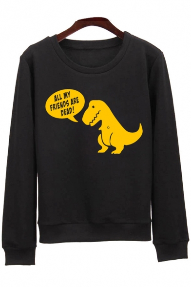 Leisure Letter Dinosaur Print Long Sleeve Round Neck Pullover Sweatshirt