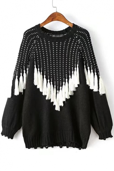 New Fahsion Striped Tassel Embellished Round Neck Long Sleeve Pullover Sweater