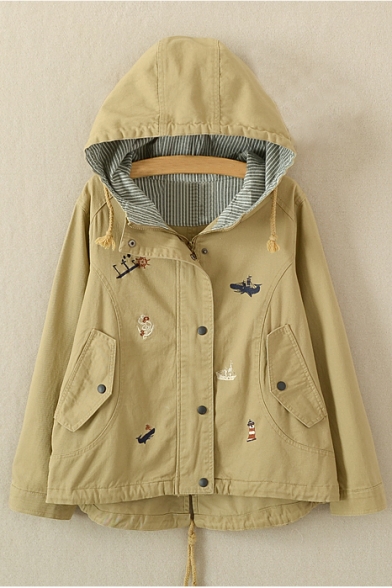 New Fashion Cartoon Embroidered Zippered Hooded Long Sleeve Coat