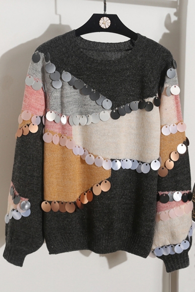 New Fashion Color Block Beading Embellished Round Long Sleeve Pullover Sweater