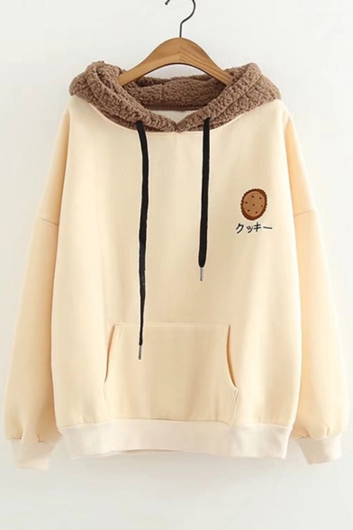 New Fashion Color Block Embroidered Cookie Japanese Long Sleeve Loose Hoodie