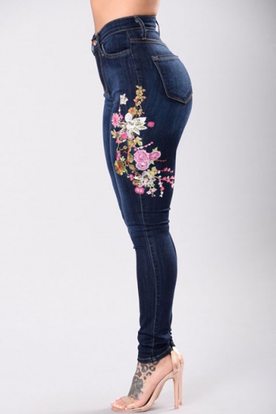 New Fashion Floral Embroidered High Waist Skinny Jeans