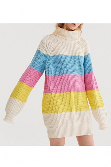 

New Stylish Color Block Print Long Sleeve Turtleneck Tunic Sweater