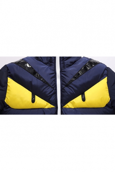 New Stylish Color Block Print Long Sleeve Zip Up Hooded Padded Coat