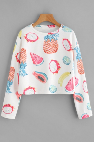 New Stylish Pineapple Watermelon Papaya Pitaya Print Round Neck Long Sleeve Cropped Pullover Sweatshirt