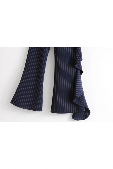 New Stylish Ruffle Embellished Striped Print Zip Fly Leisure Flared Pants