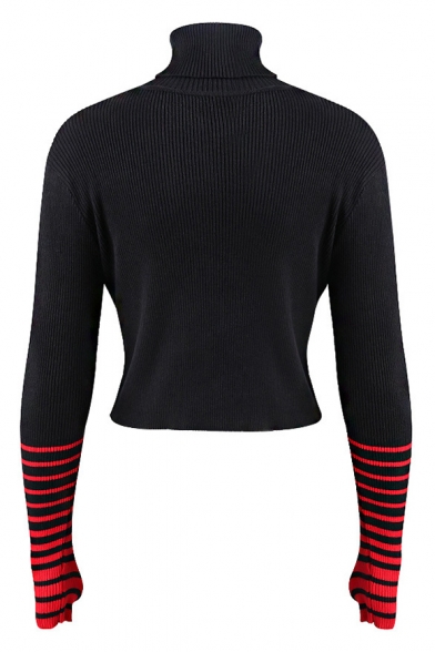 New Stylish Striped Print Long Sleeve Turtleneck Cropped Sweater