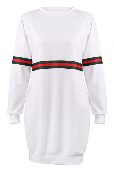 New Stylish Striped Print Round Neck Long Sleeve Tunic Pullover Sweatshirt