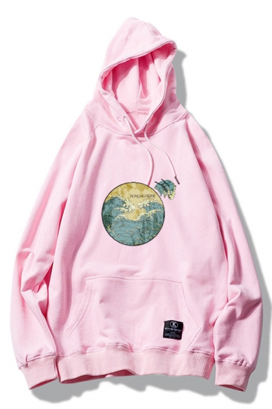 

New Stylish Wave Print Drawstring Hood Long Sleeve Hoodie, Black;pink;white;gray, LC454136