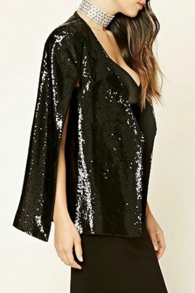 Party Collarless Open Front Split-Side Sequined Poncho