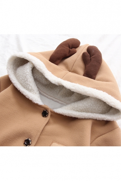 Retro Simple Patchwork Horn Hooded Buttons Down Long Sleeve Coat