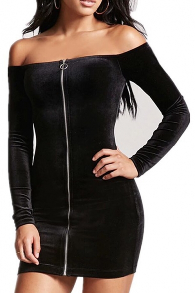 Sexy Cold Shoulders Long Sleeves Zip-Front Slim-Fit Bodycon Velvet Mini Dress