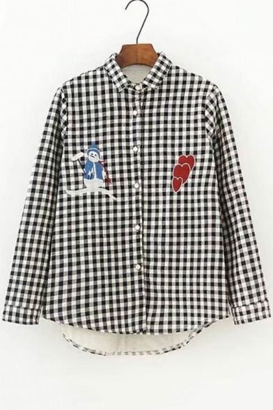 Snowman Embroidered Plaid Lapel Long Sleeve Buttons Down Shirt