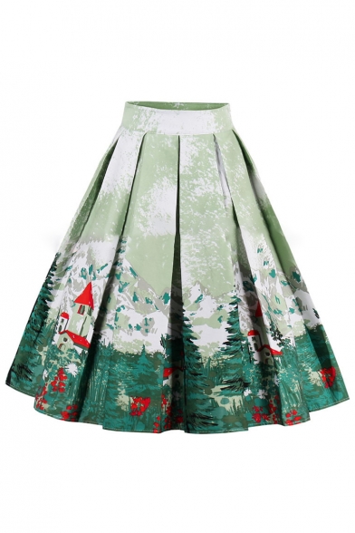 Stylish Landscape Printed Pleated Midi A-Line Skirt