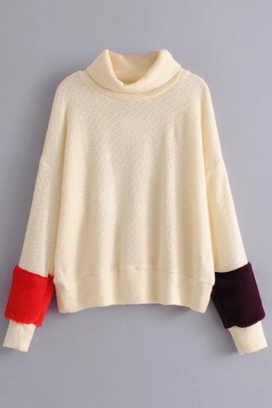 Stylish Roll Neck Long Sleeve Color Block Fur Sweater
