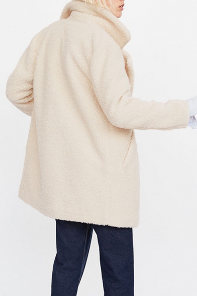Chic Simple Plain Notch Lapel Long Sleeve Faux Fur Coat
