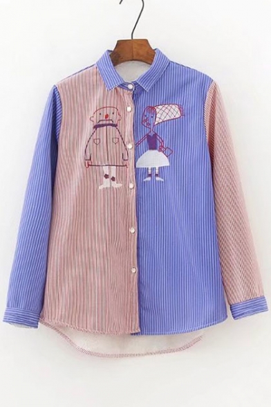 Color Block Cartoon Embroidered Lapel Long Sleeve Buttons Down Shirt