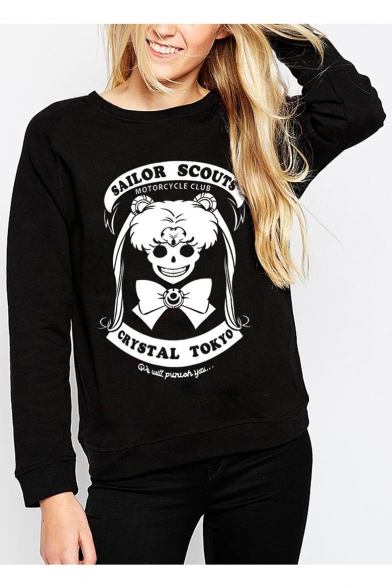 Cool Round Neck Long Sleeves Skull Letter Printed Pullover Sweatshirt