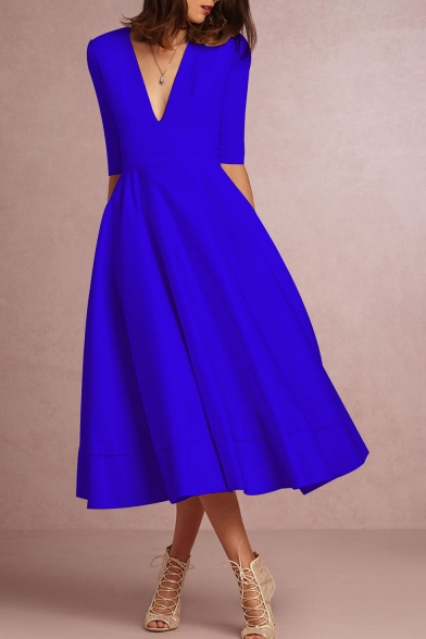 Elegant Plunge Neck Half Sleeves A-line Plain Midi Dress