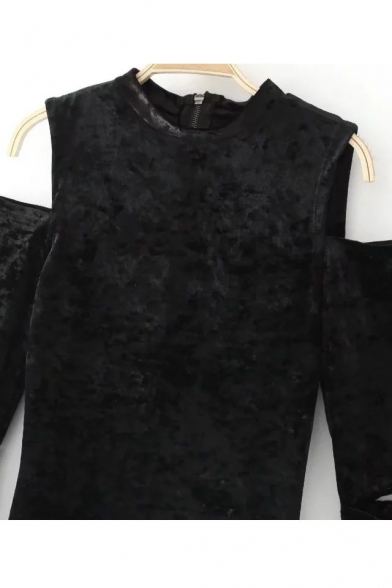 Elegant Round Neck Cold Shoulders Split Sleeves Velvet Zip-Back Mini Bodycon Dress
