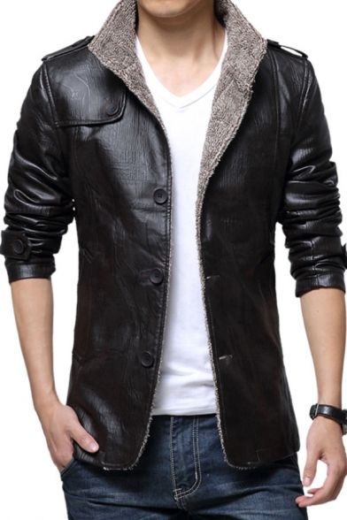 Hot Daoroka Mens Thermal Leather Coat Jacket Slim Fit Button Autumn Winter Casual Fashion Tops Outwear 