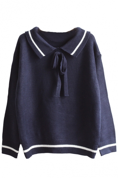 New Fahsion Color Block Striped Lapel Long Sleeve Pullover Sweater