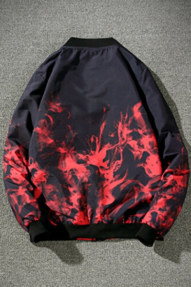 New Fashion Fire Print Stand-Up Collar Long Sleeve Bomber Jacket