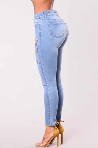 New Fashion Floral Embroidered Ripped Out High Waist Skinny Denim Jeans