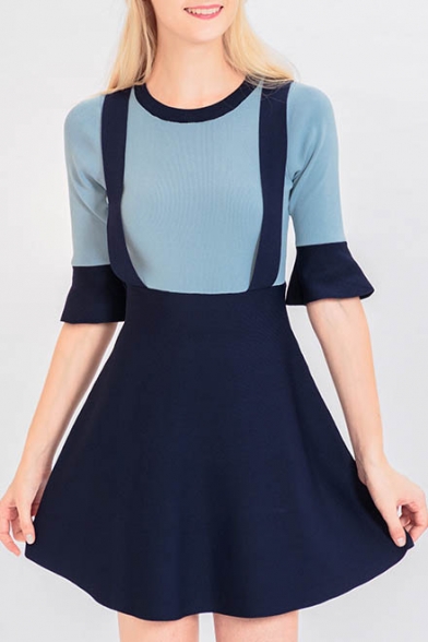 New Fashion Simple Color Block Round Neck Half Sleeve A-Line Mini Dress
