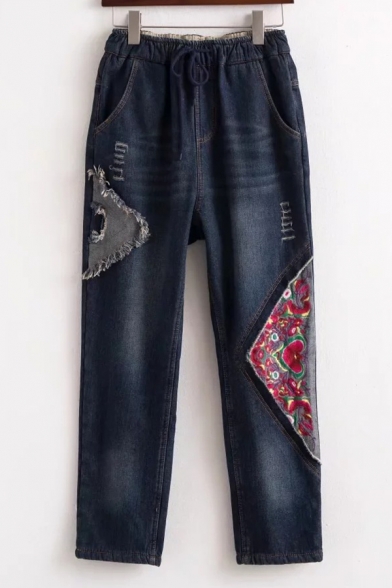 New Fashion Tribal Embroidered Drawstring Waist Warm Denim Jeans