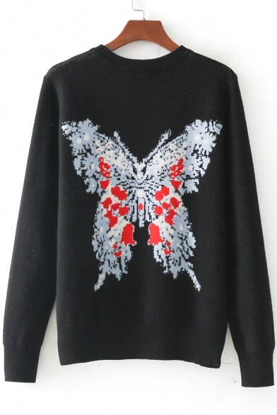 New Stylish Butterfly Print Round Neck Long Sleeve Pullover Sweatshirt