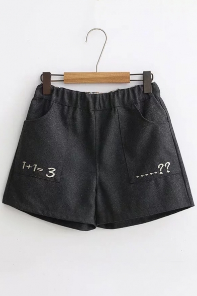 New Stylish Embroidery Number Pattern Elastic Waist Shorts