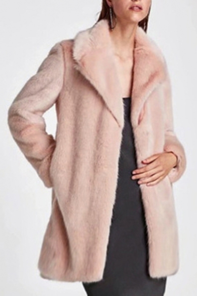 New Stylish Faux Fur Notched Lapel Long Sleeve Simple Plain Tunic Coat