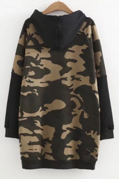 Over-Sized Long Sleeves Camouflaged Patchwork Bear Embroidered Pullover Hooded Mini Dress
