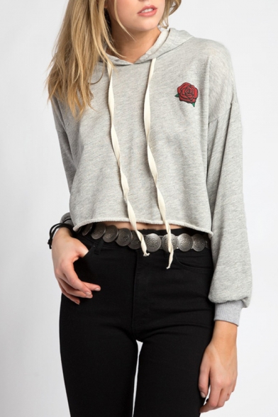 Simple Rose Printed Long Sleeves Pullover Cropped Hoodie with Raw Edges