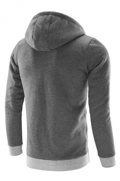 Sportive Contrast Trimmed Long Sleeves Inclined Zippered Design Hoodie with Pockets
