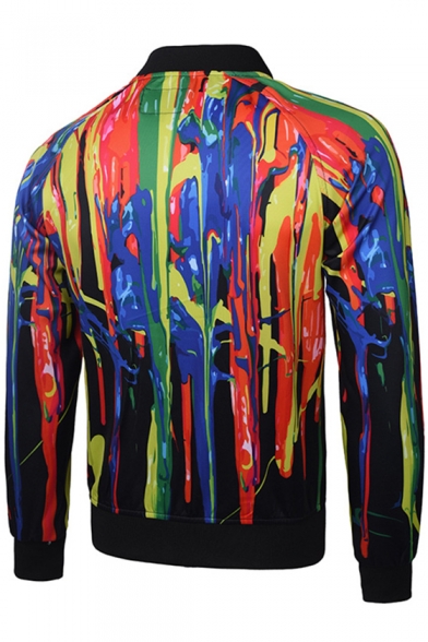 Stand Collar Long Sleeve Oil-Painting Color Block Zippered Baseball Jacket