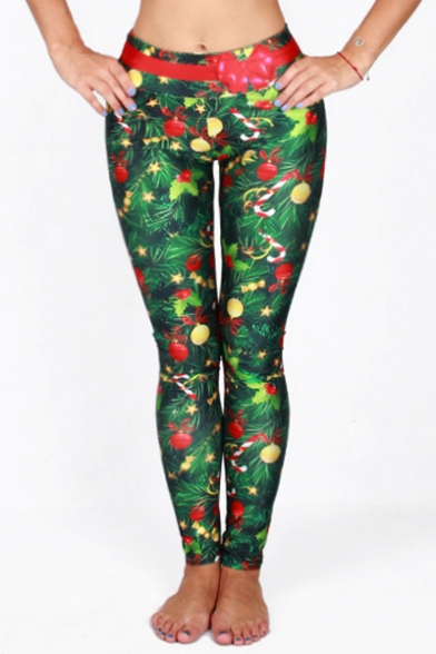 

Unique Christmas Tree Print Elastic Waist Ankle Leggings