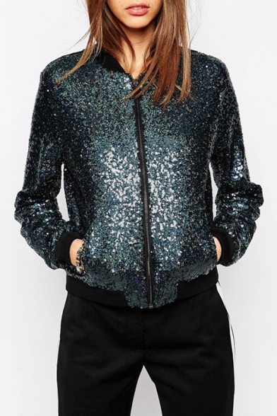 Unique Stand-up Collar Long Sleeves Zip-up Sequined Baseball Jacket with Pockets