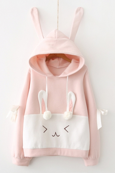 Adorable Bunny Ears Long Sleeve Color Block Hoodie with Pompoms and Bows