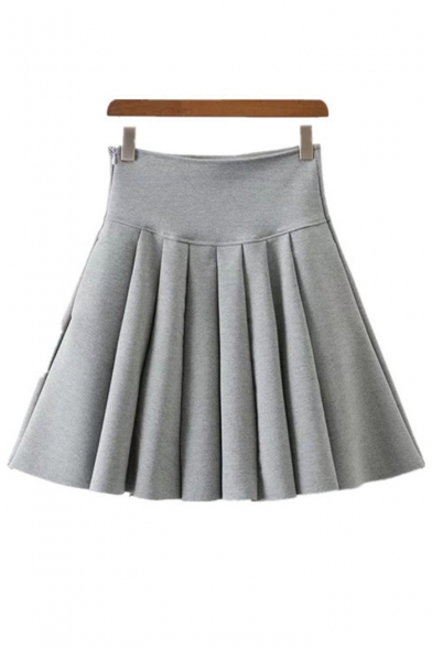 Casual Side-Zippered High-Waist Pleated Plain Mini Skirt