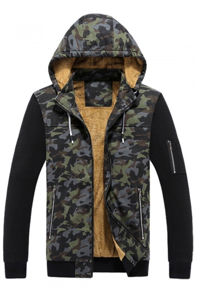 Chic Color Block Camouflage Long Sleeve Zipper Hooded Coat