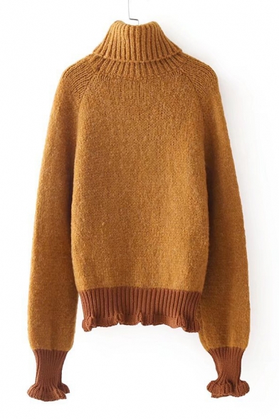 Chic Simple Contrast Hem Turtleneck Long Sleeve Pullover Sweater