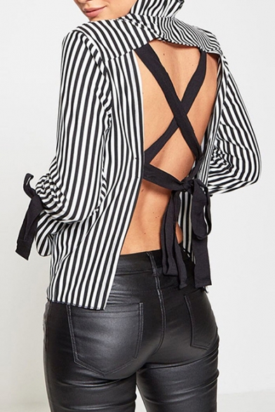 Chic Striped Print Strapped Open Back Ruffle Detail Long Sleeve Blouse