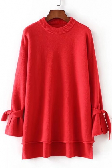 Chic Tie Long Sleeve Round Neck Simple Plain High Low Hem Pullover Sweater