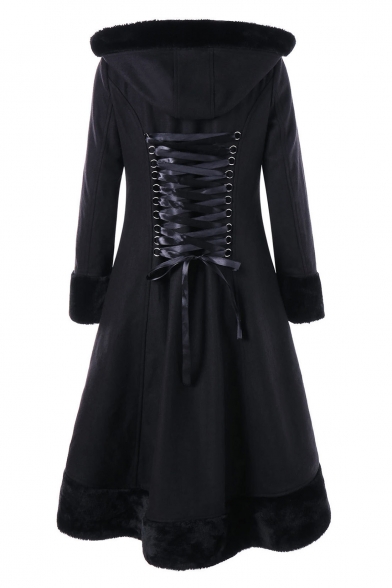 Elegant Faux Fur Hooded Double-Breasted Asymmetric Hem Longline Winter Coat with Attached Lacing on Back